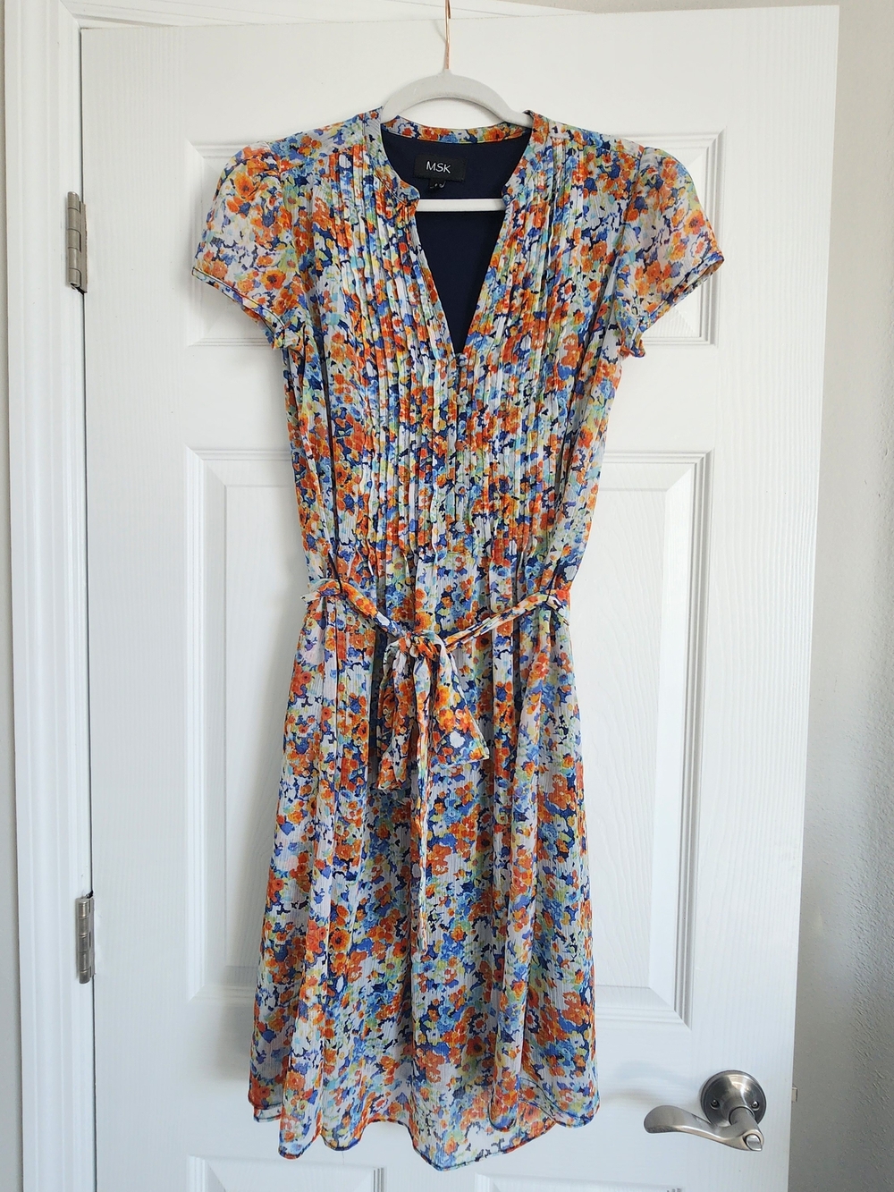 MSK Orange & Blue Floral Pleated Tie-Waist Dress